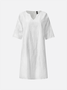 Plain Linen Cotton And Linen V Neck Dress