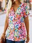 Floral V Neck Casual Short Sleeve Buttoned Blouse