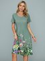 Floral A-Line Short Sleeve Crew Neck Knitting Dress